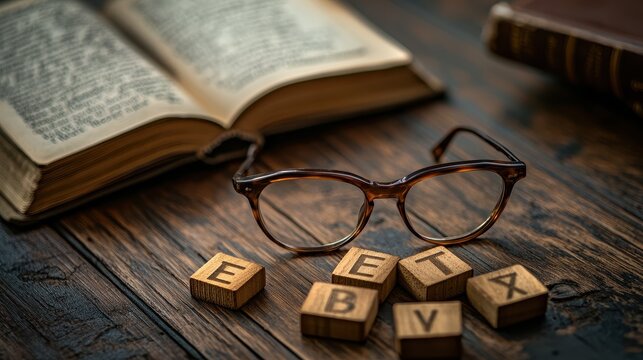 Open book and glasses on rustic wooden table with alphabet blocks