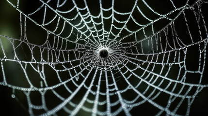 Obraz premium Close-up view of a dewy spider web glistening in sunlight with blurred greenery background