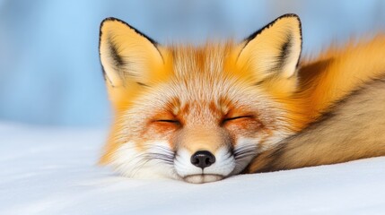 Obraz premium Sleeping Red Fox with Fluffy Fur in a Snowy Winter Landscape