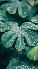 Obraz premium Closeup of a tropical leaf with dew drops. Nature, rainforest, tropical, plant