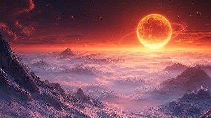 Fototapeta premium Alien landscape with a fiery sun