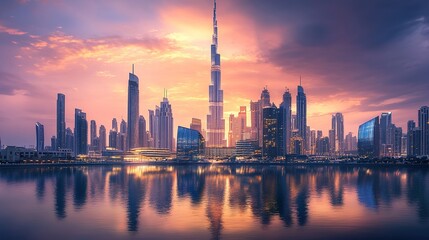 Fototapeta premium Futuristic glass skyscraper with geometric facade reflecting golden hour sunlight, modern architecture with smooth design and tilt-shift effect, contemporary building under warm sunset in cityscape.