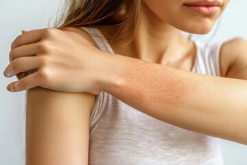 Woman scratching arm with irritated skin rash