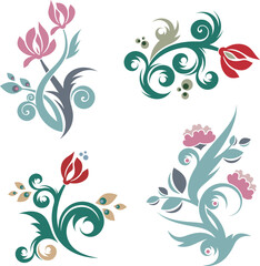Vector Chinese ornamental floral designs set with peacock feathers, flowers, leaves, swirls. Exquisite decorative luxury designs, typical for Asian cultural tradition.