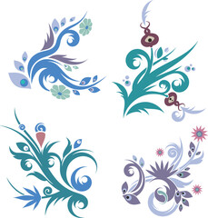 Vector Chinese ornamental floral designs set with peacock feathers, flowers, leaves, swirls. Exquisite decorative luxury designs, typical for Asian cultural tradition.