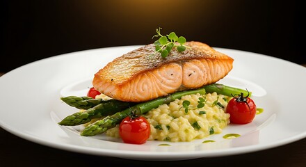 Delicious grilled salmon fillet served atop creamy risotto alongside fresh green asparagus spears and vibrant red cherry tomatoes artfully arranged on a white plate
