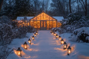 Lanterns lighting a snowy garden path leading to a glowing glass greenhouse, Generative AI