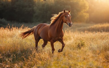 Fototapeta premium Gentle horse galloping through an open field, warm afternoon light, natural outdoor lighting