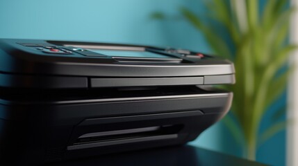 A black inkjet printer with a digital display and two buttons on the top.
