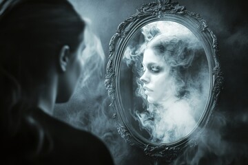 A ghostly figure emerging from a mirror, eerie reflections, monochrome horror aesthetic
