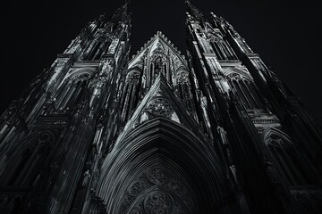 A Gothic cathedral captured at night, intricate stone carvings illuminated in black and white contrast
