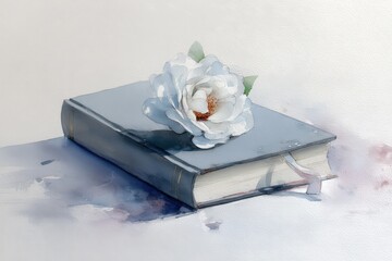 Delicate watercolor still life featuring a book and flower.