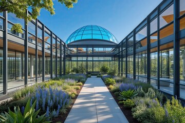Obraz premium Contemporary Steel Building with Panoramic Glass Walls Surrounded by Flourishing Gardens and Bright Azure Dome