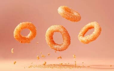 Onion ring chips with crunchy coating, floating on a pastel peach background