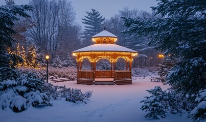 Lantern-lit gazebo glowing softly in the heart of a bustling holiday park surrounded by snow, Generative AI