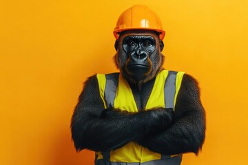 Gorilla construction worker posing in safety gear