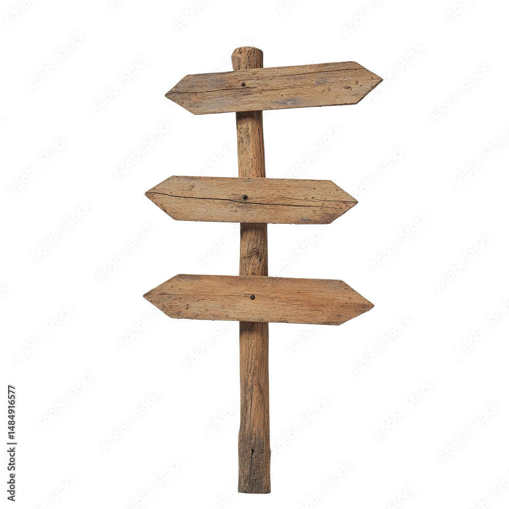 Poster rustic wooden signpost with directional arrows on a white background