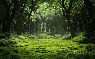 Fototapeta premium Of a forest with a carpet of green moss and towering evergreen trees