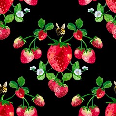Seamless vintage strawberry pattern. Watercolor hand drawn strawberries on black background.