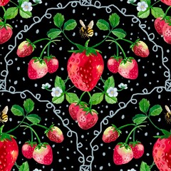 Seamless vintage strawberry pattern. Watercolor hand drawn strawberries on black background.