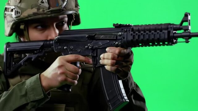 Female Soldier Shooting with Gun on Green Screen &ndash; Tactical Military Action Footage for VFX, Games, and Combat Sequences

