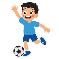 Obraz premium Boy playing football with a joyful smile kicking the soccer ball high. Suitable for sports, recreation, youth, happiness, soccer themes