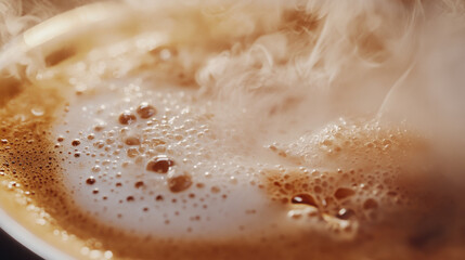 Close-up of steaming coffee with rich froth and bubbles, creating a cozy atmosphere