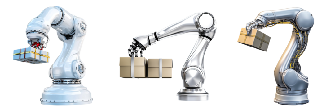 Robotic arms manipulating cube-like objects in a series of actions.