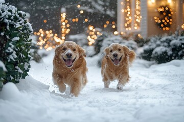 Dogs chasing snowballs through a frosty yard surrounded by softly glowing holiday decorations, Generative AI