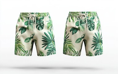 Realistic 3D cartoon icon of a Blank tropical print swim shorts mockup, front and back view, 3D rendering, white background