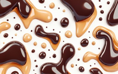 Fototapeta premium Realistic 3D cartoon icon of dark brown and caramel paint droplets suspended in a swirling pattern on a white background