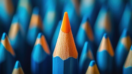 Close-up of blue and orange colored pencils in focus