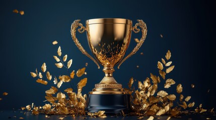 Golden trophy with elegant decorations against dark background