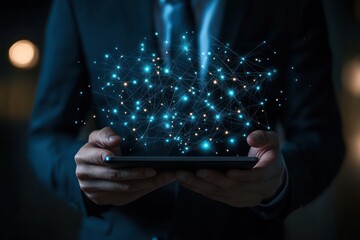 Businessman using digital device for global networking