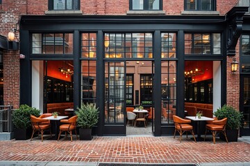 Urban Brick Bistro Featuring Spacious Glass Frontage Vibrant Patio and Chic Seating