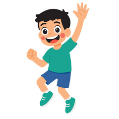 Boy cartoon character expressing happiness by jumping. Suitable for children's books, educational materials, and websites. Joyful and vibrant character