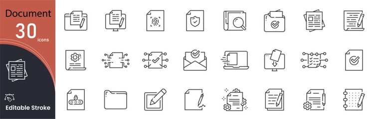 Document related icon collections. Containing Document, File, Folder, Paper, Report, Archive, Text, Save, Edit, and Download icons. Editable Stroke icon. Outline icon.