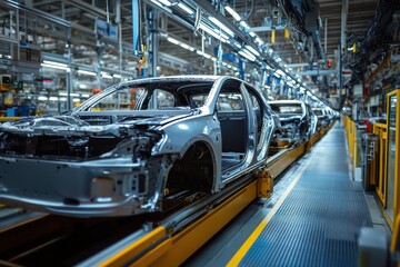Naklejka premium Car being assembled on production line in factory