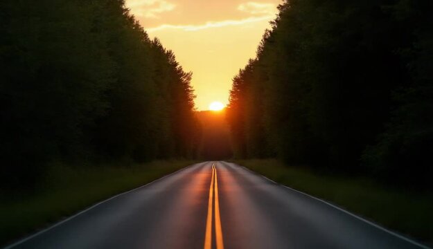 An empty road cutting through a lush forest at sunset