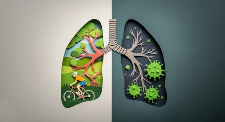 Creative illustration of healthy lungs with a cyclist and unhealthy lungs with viruses