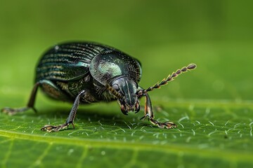 Naklejka premium Macro Shot of a Small Insect Capturing Detailed Features and Fine Textures on Green Surface Varient 3