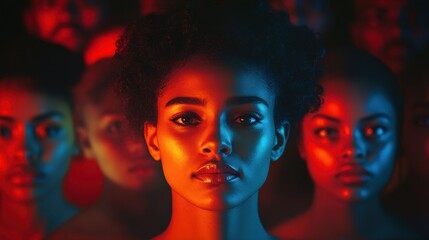 Vibrant portrait of african female in illuminated group with multicolored lighting