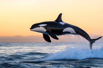 Obraz premium Killer whale jumps out of ocean water in wild nature