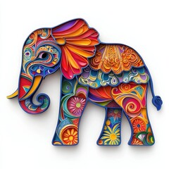 Rangoli in the shape of an elephant with intricate patterns and joyful colors isolated on white