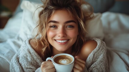 Young caucasian female enjoying coffee in cozy bed with relaxed morning vibes