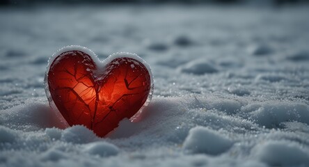 Fototapeta premium A red heart, cracked and faintly glowing, sits in the snow, blending warmth with the chill of winter. 