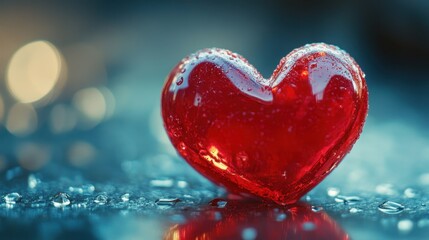 Translucent red heart on reflective surface with water droplets