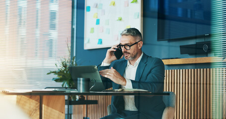 Phone call, laptop and mature man with glasses, accountant or talking to contact for tax and...