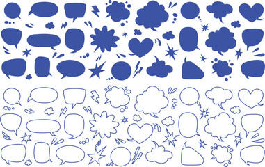 Speech bubble text frame dialog cloud hand drawn set. Blue flat doodle talk speech bubble frame. Hand drawn line chalk frame, think balloon, children doodle text cloud icon. Vector illustration.