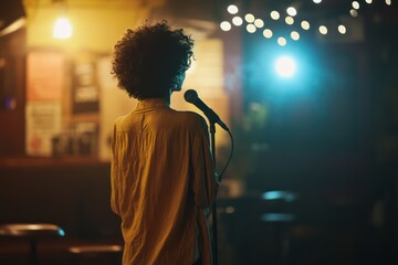 Young female comedian performing stand-up comedy on small stage